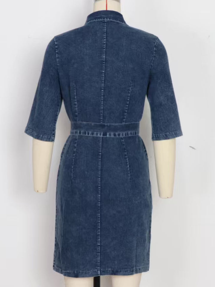 Zip-front tie-waist short sleeve denim mini dress
