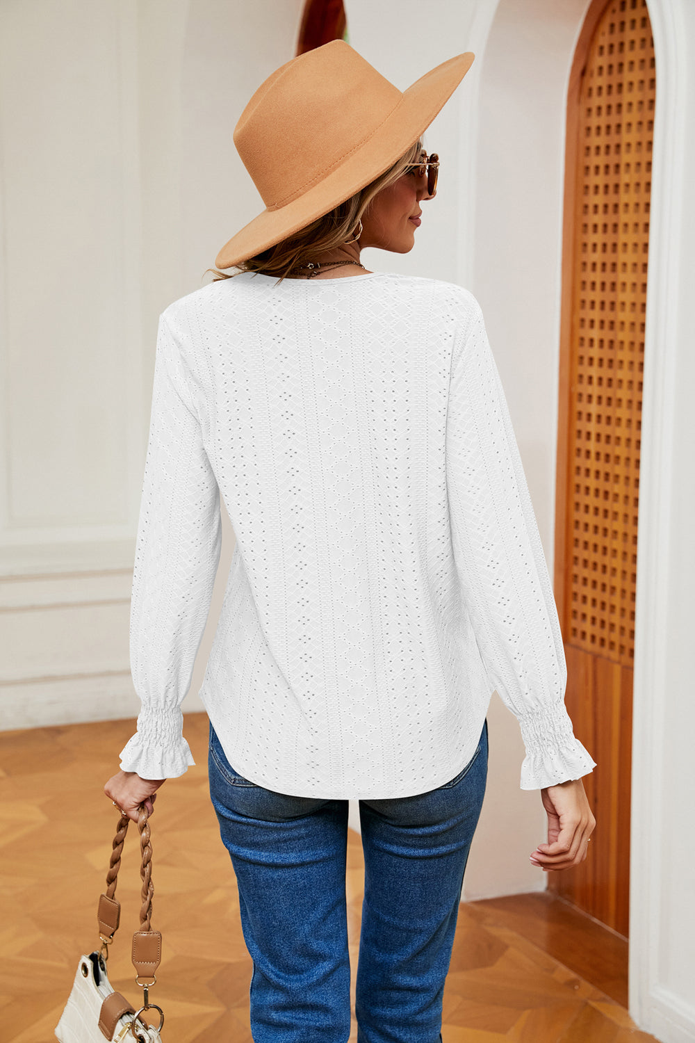 Contrast crochet V-neck eyelet blouse with flounce cuffs