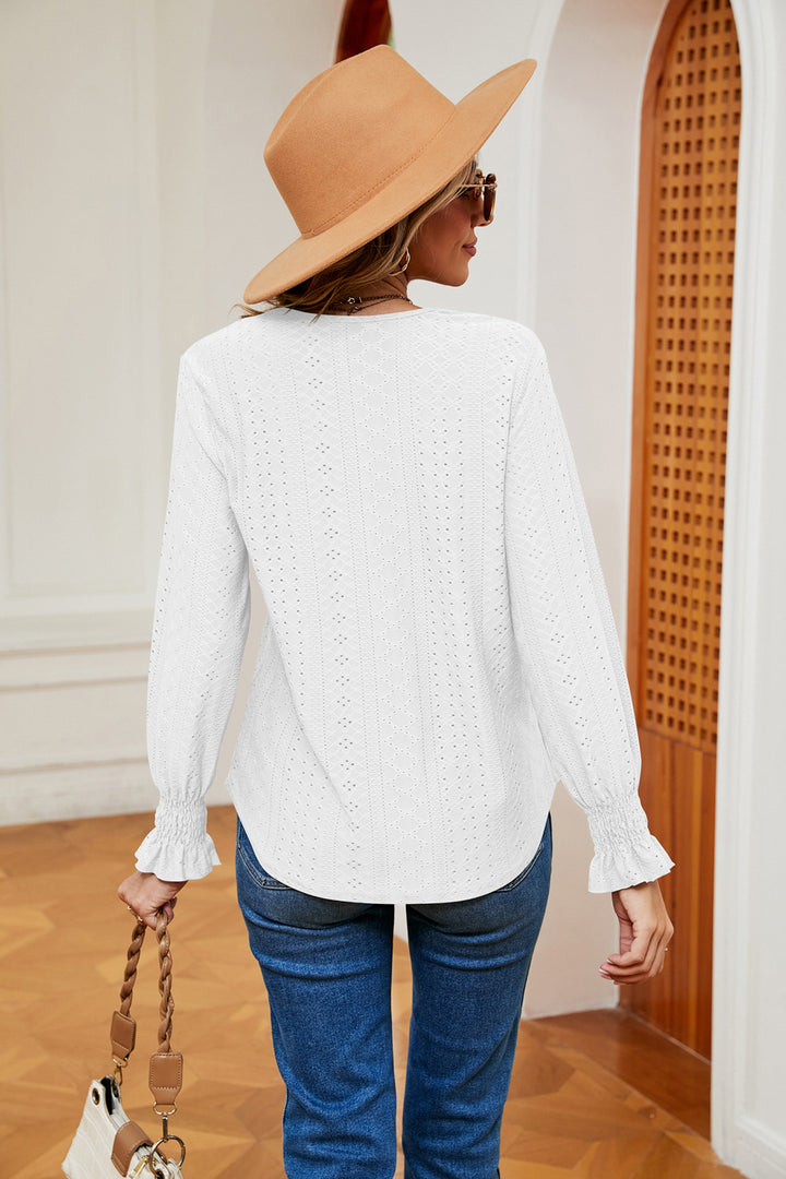 Contrast crochet V-neck eyelet blouse with flounce cuffs