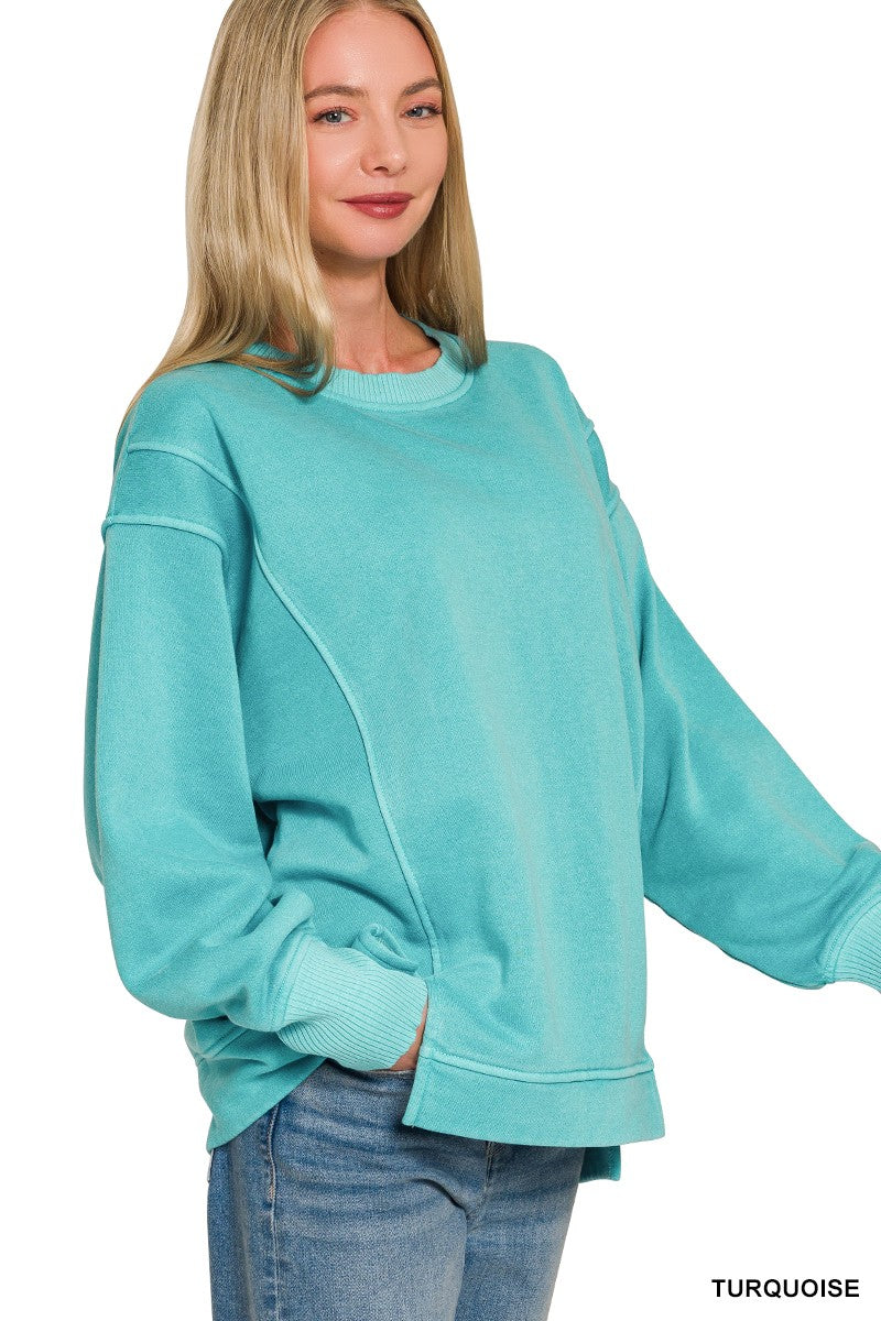TURQUOISE Exposed-seam pigment-dye crew neck fleece sweatshirt