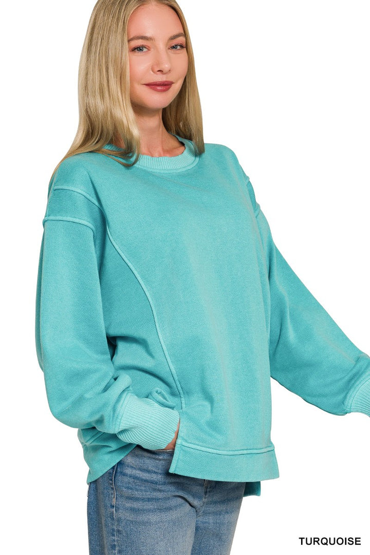 TURQUOISE Exposed-seam pigment-dye crew neck fleece sweatshirt