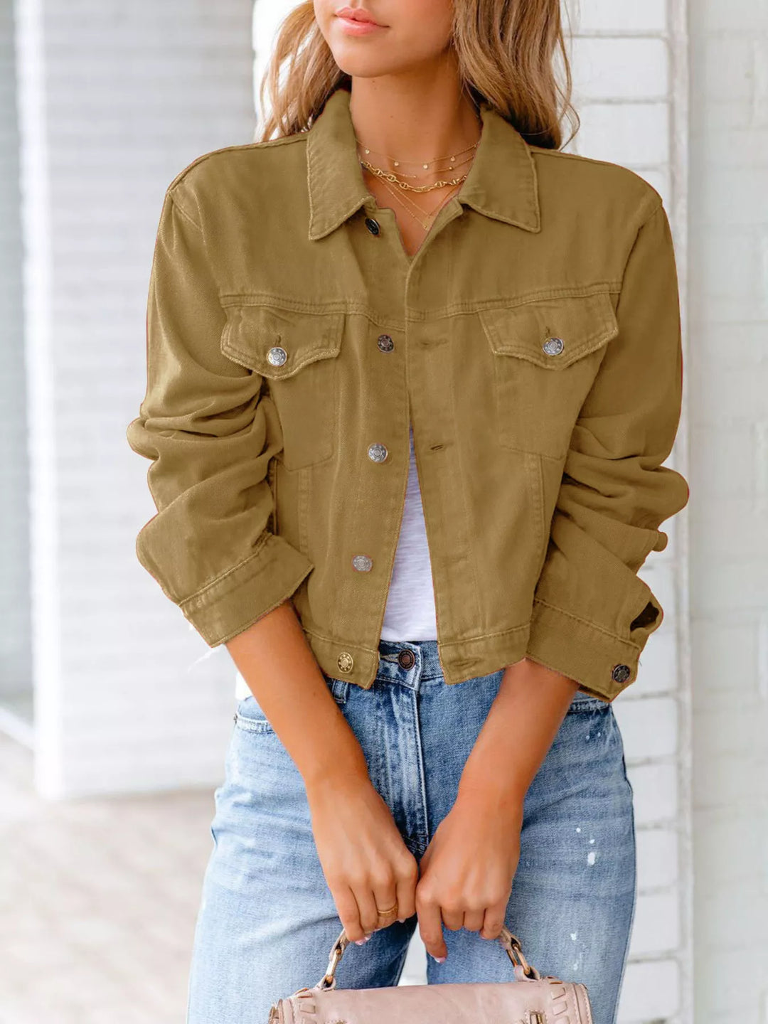 Khaki Cropped button-up denim jacket with chest pockets