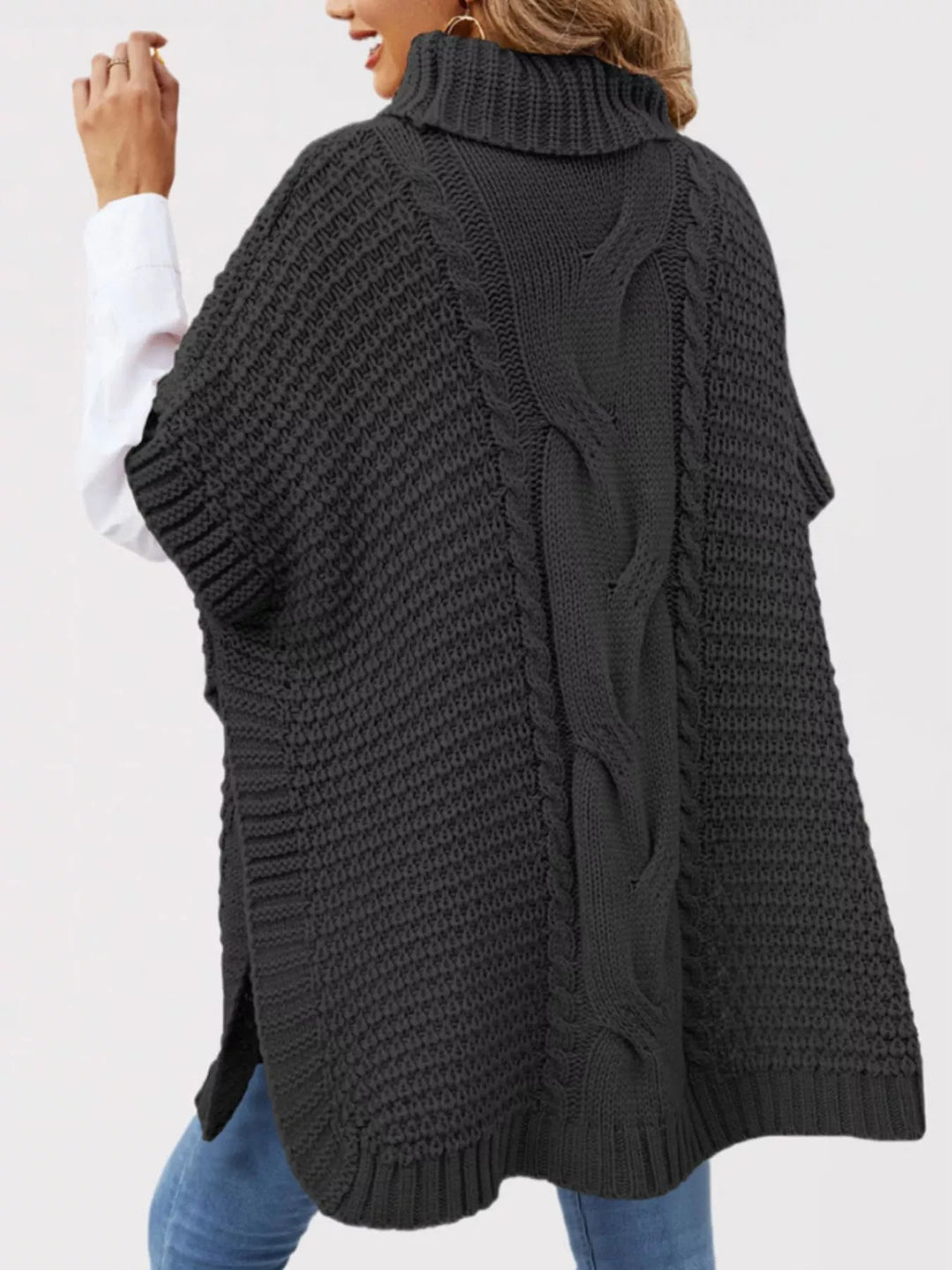 Cable-knit turtleneck short sleeve oversized tunic sweater