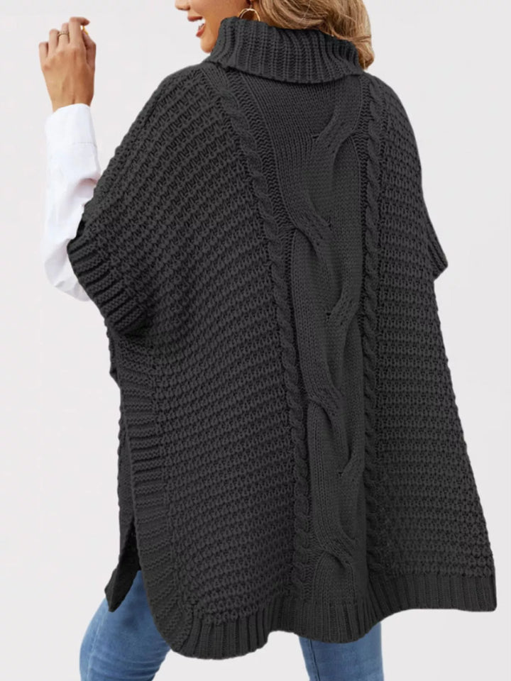 Cable-knit turtleneck short sleeve oversized tunic sweater