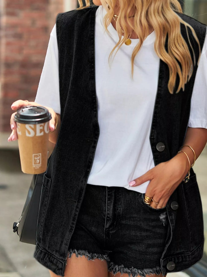 Sleeveless button-down denim vest with patch pockets