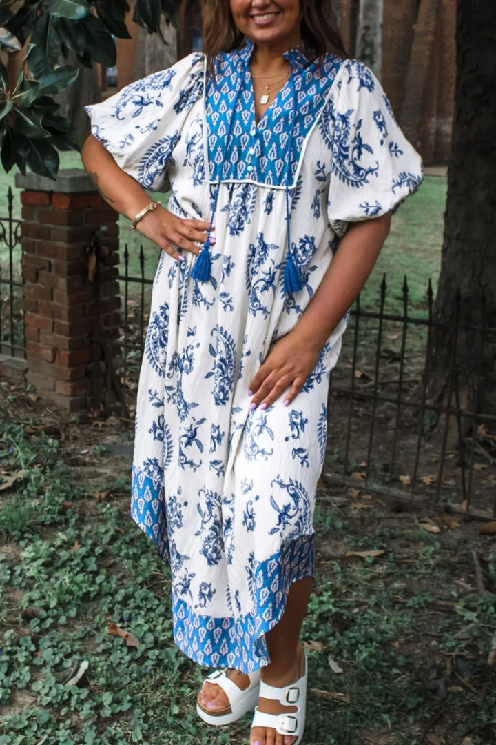 Light Blue Paisley patchwork v-neck boho midi dress with tassel ties