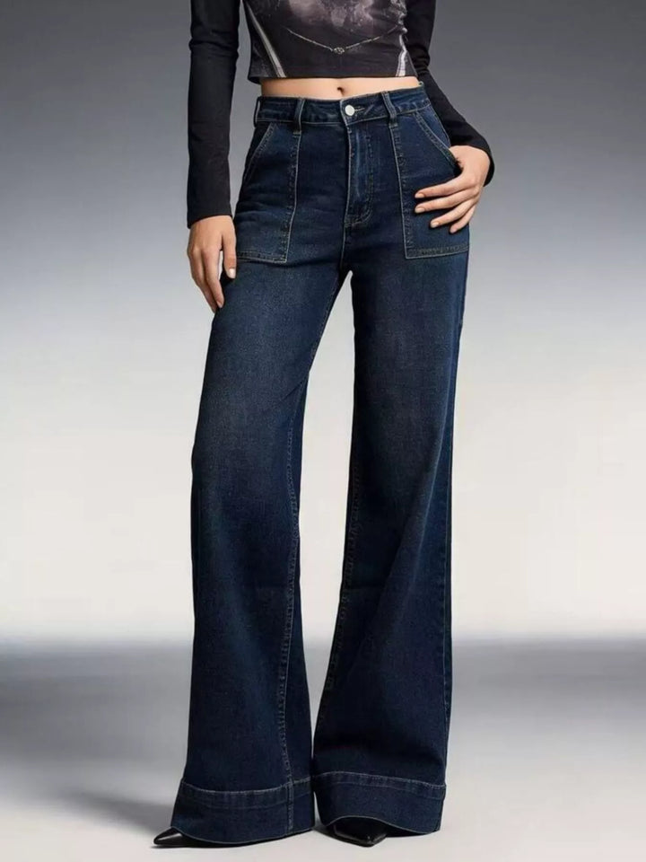 Dark High-rise patch-pocket flare leg jeans with cuffed hem