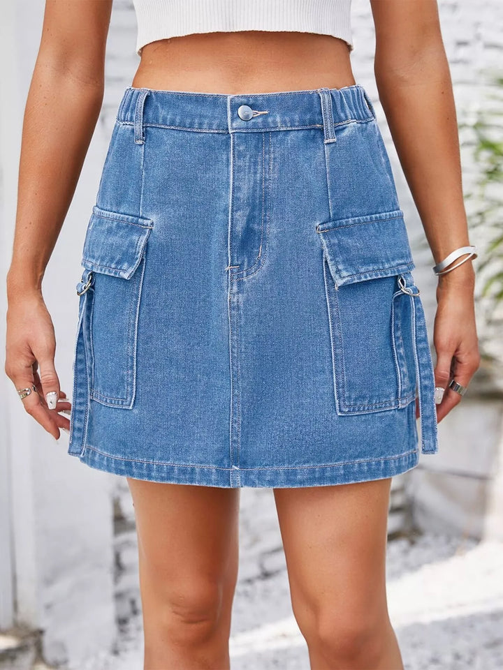 Dusty Blue Cargo denim mini skirt with flap pockets and D-rings