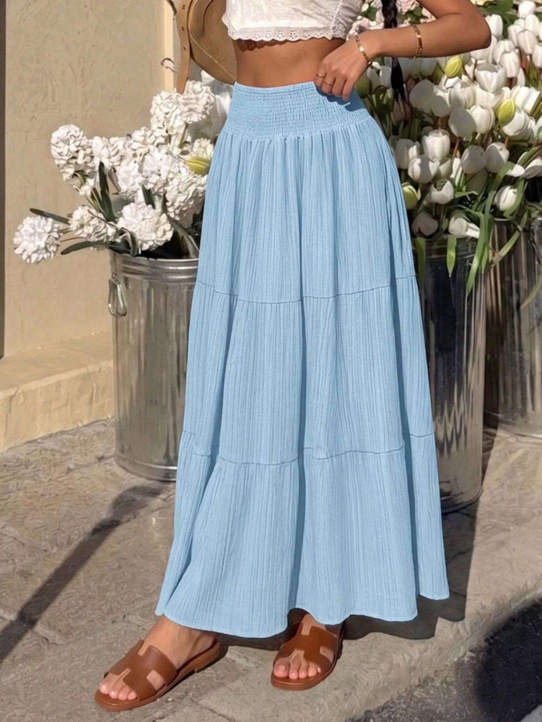 Tiered crinkle maxi skirt with smocked waist