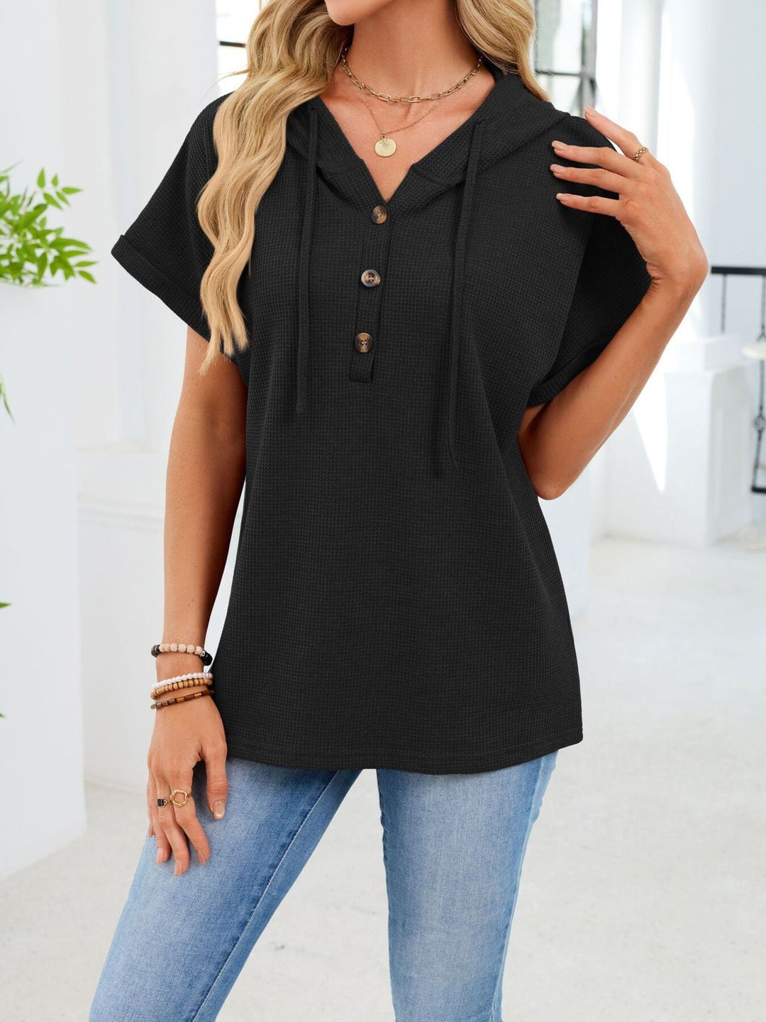 Black Waffle knit short-sleeve hoodie with button placket
