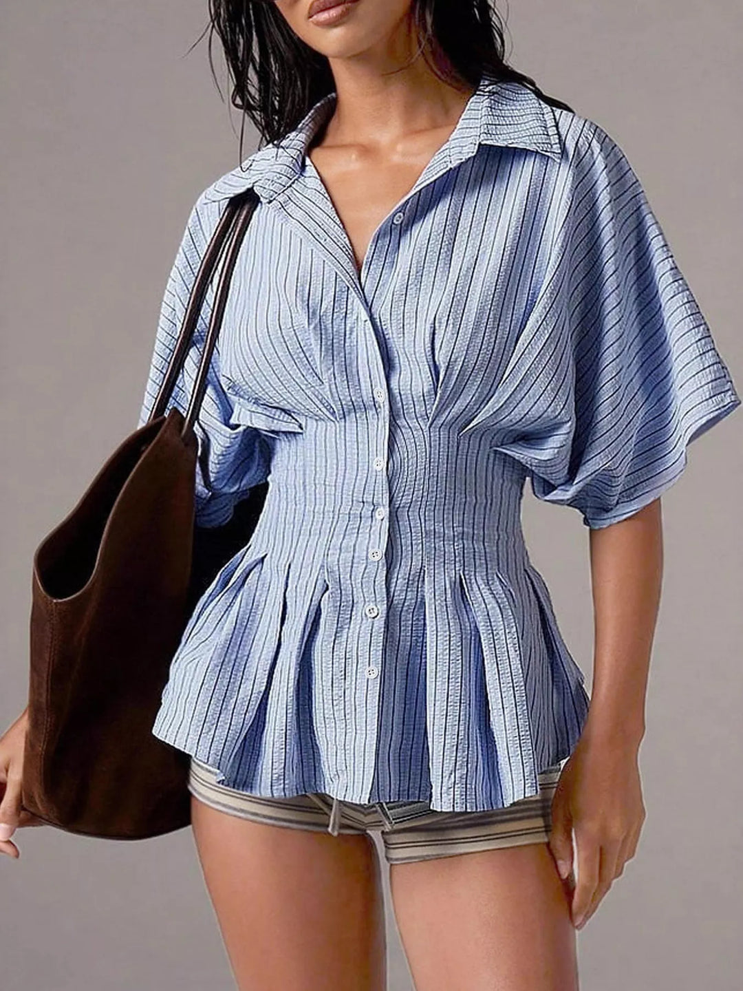 Sky Blue Striped button-down shirt with ruched cinched waist