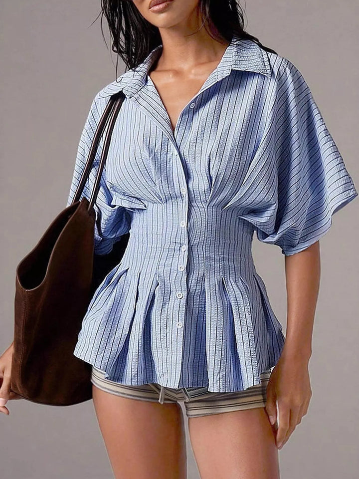 Sky Blue Striped button-down shirt with ruched cinched waist