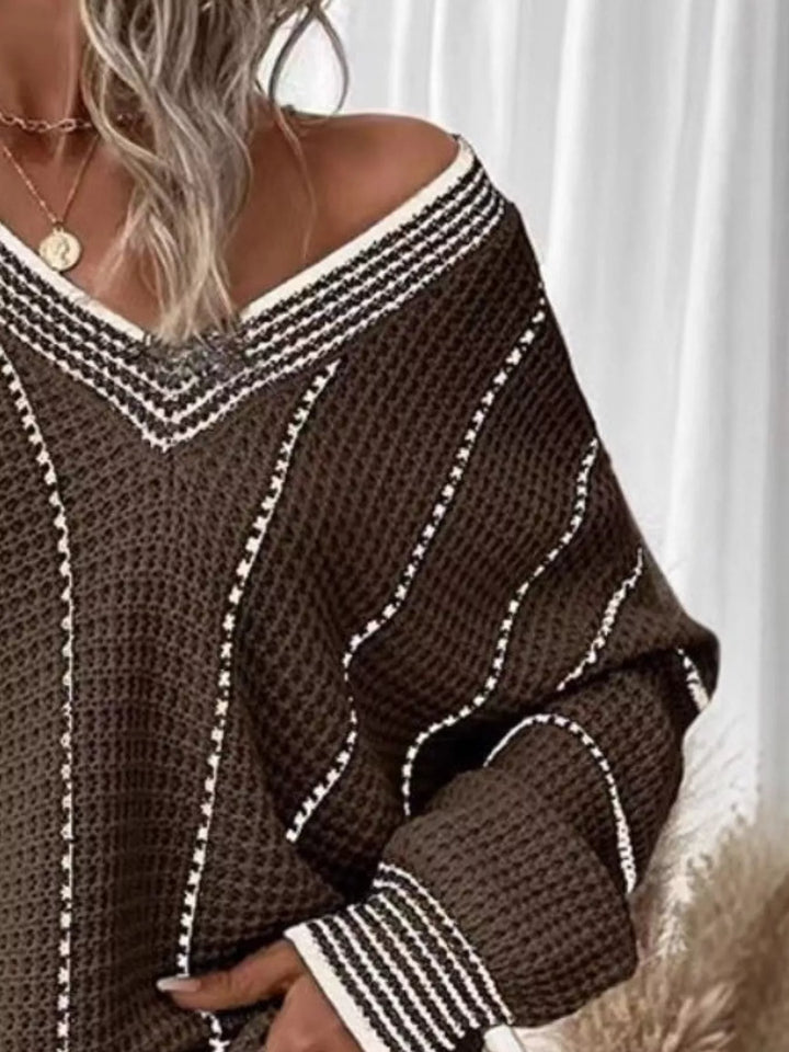 Waffle knit V-neck sweater with contrast stripe trim