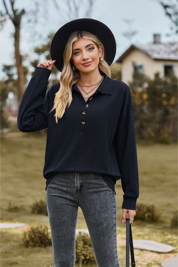 Dark Blue Textured knit collared top with half-button placket