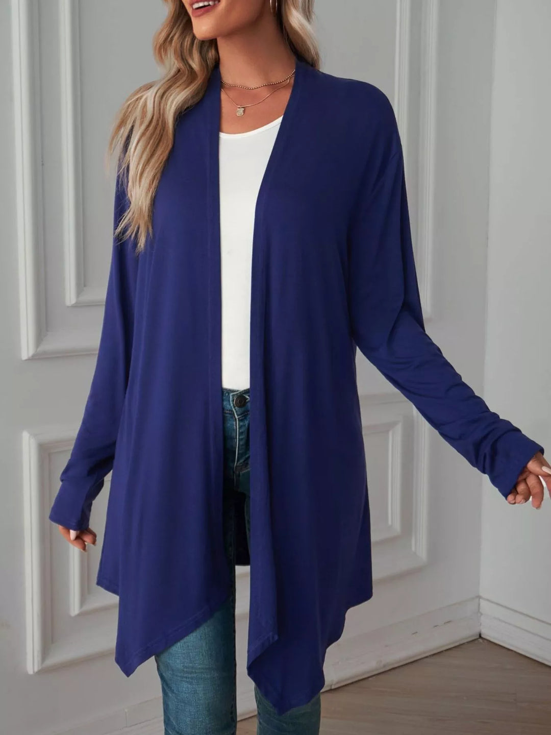 Lightweight open front cardigan with draped waterfall hem