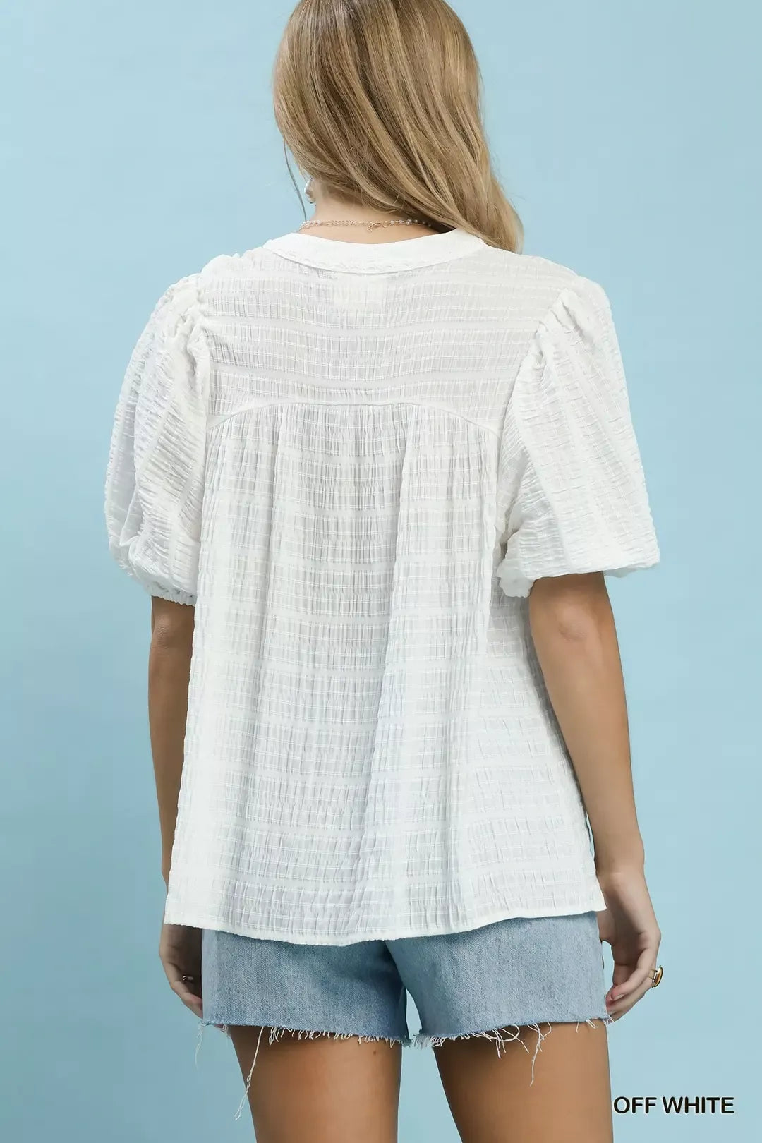 Crinkle-texture V-neck blouse with puff sleeves
