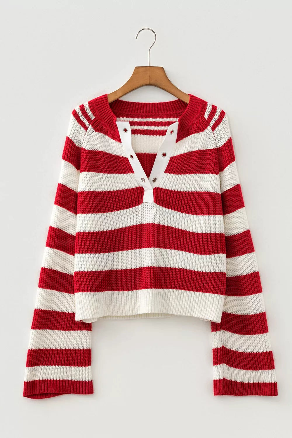 Striped rib knit henley sweater with snap button placket