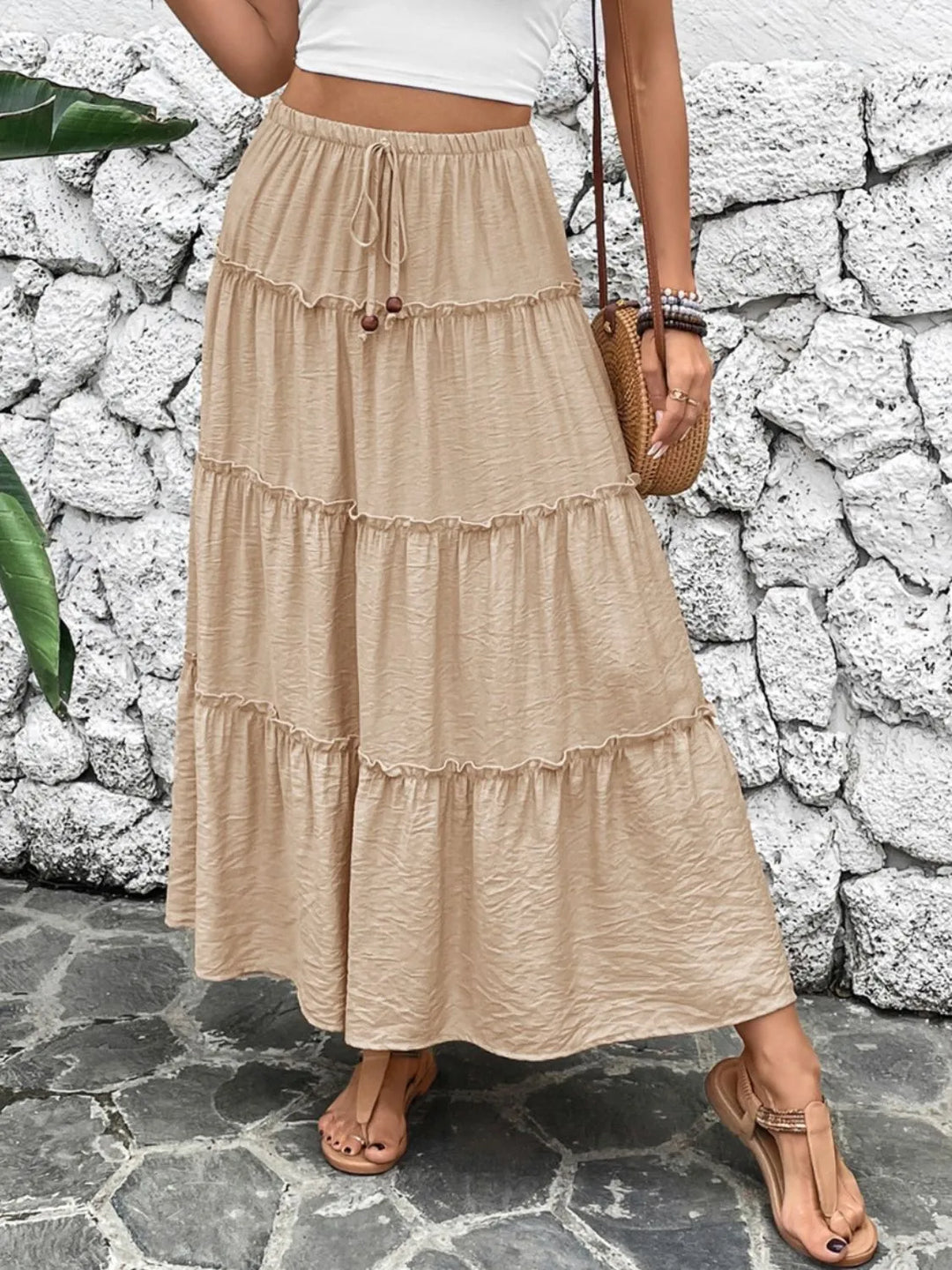 Tan Tiered ruffle maxi skirt with drawstring tie waist