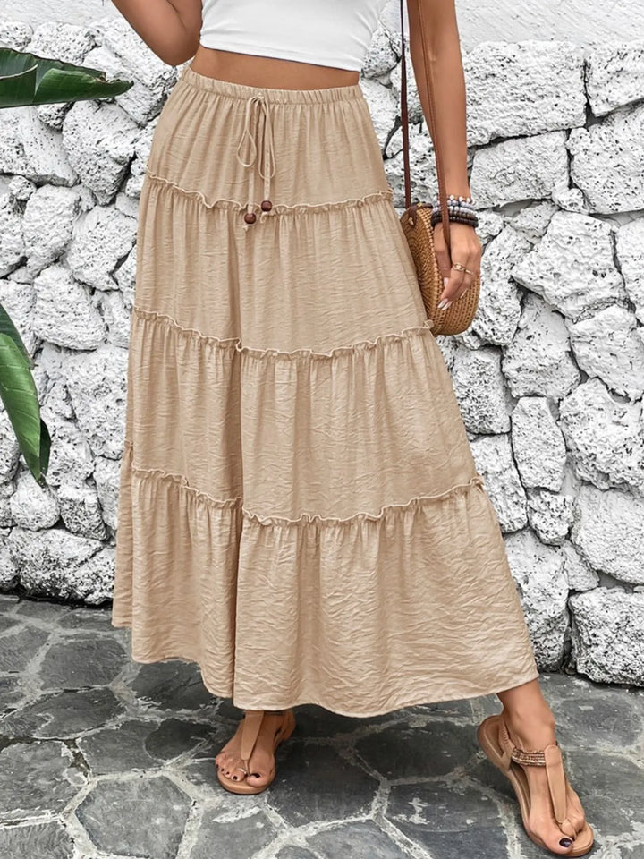 Tan Tiered ruffle maxi skirt with drawstring tie waist