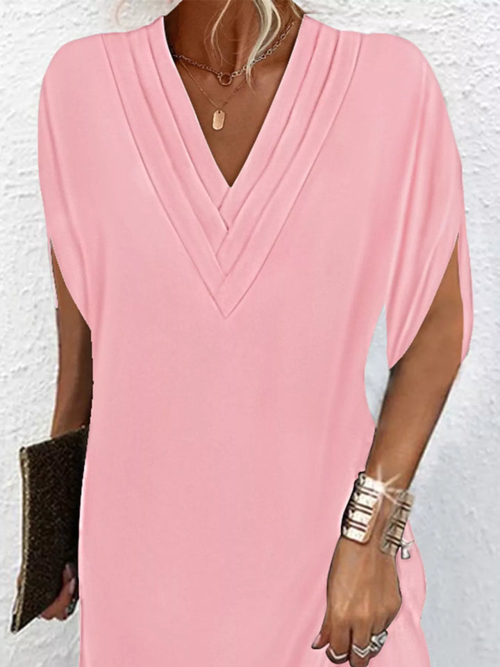 Pink Pleated V-neck split sleeve relaxed mini dress