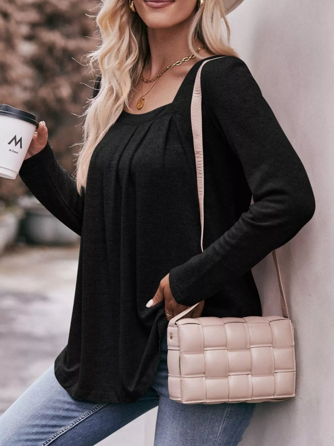 Black Pleated square neck long sleeve knit top