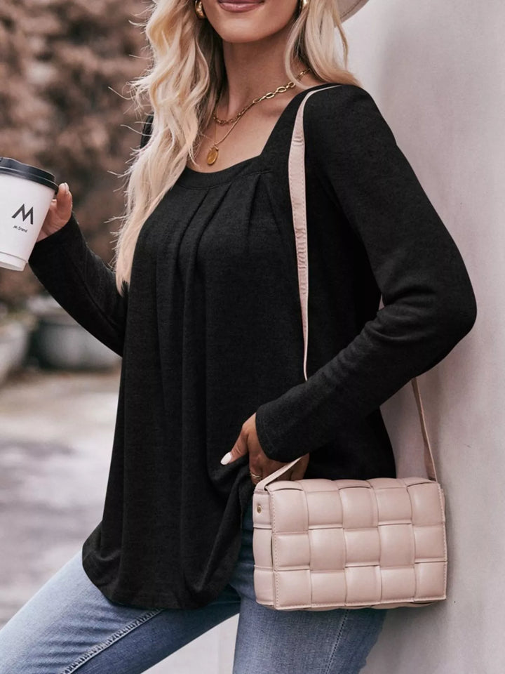 Black Pleated square neck long sleeve knit top