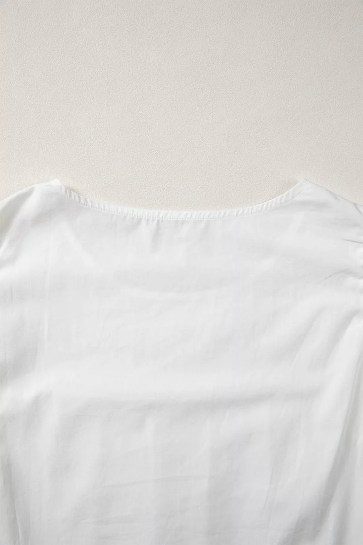 Lace flutter sleeve pintuck yoke round neck blouse