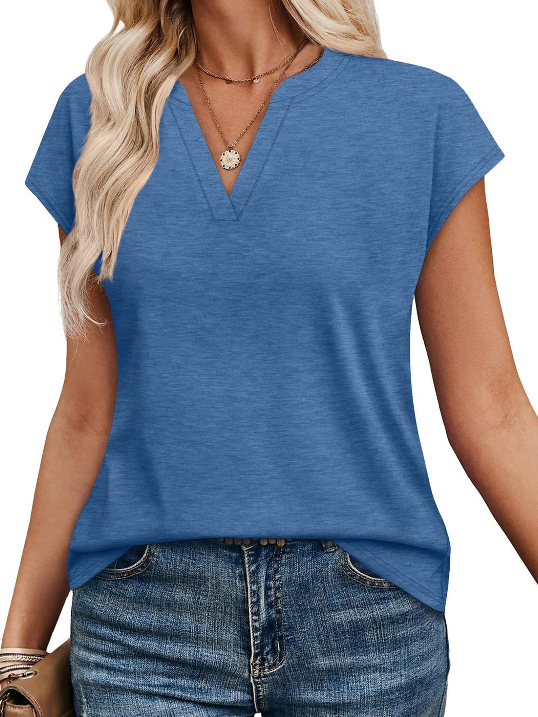 Notched V-neck short sleeve relaxed knit top