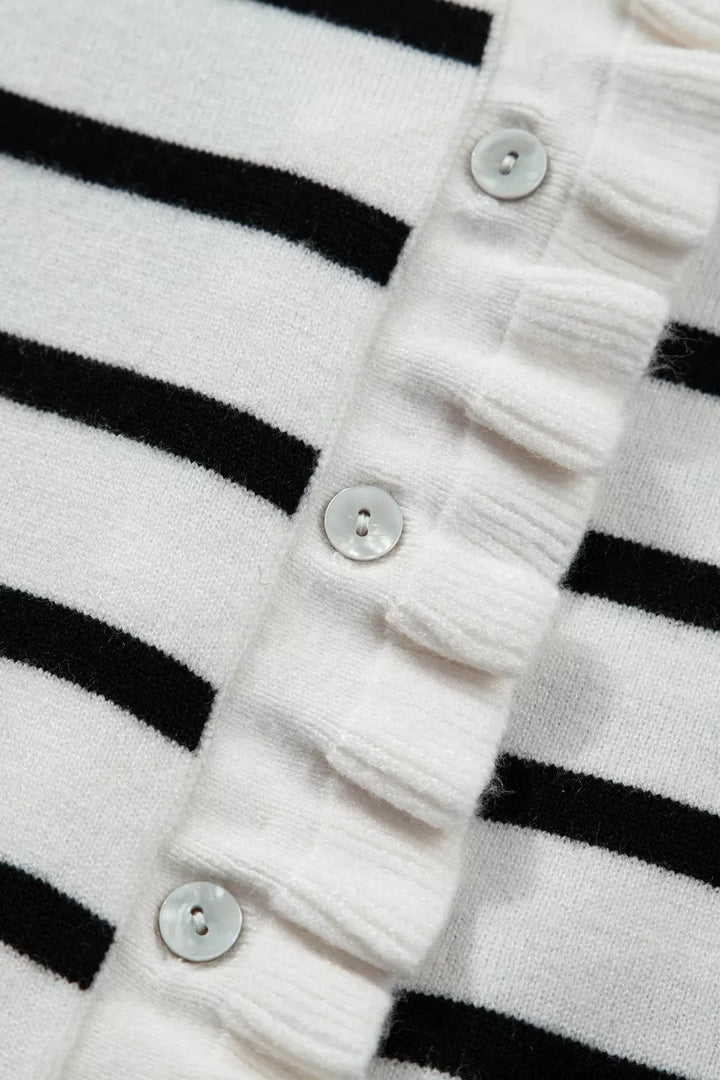 Striped short sleeve knit cardigan with ruffle trim