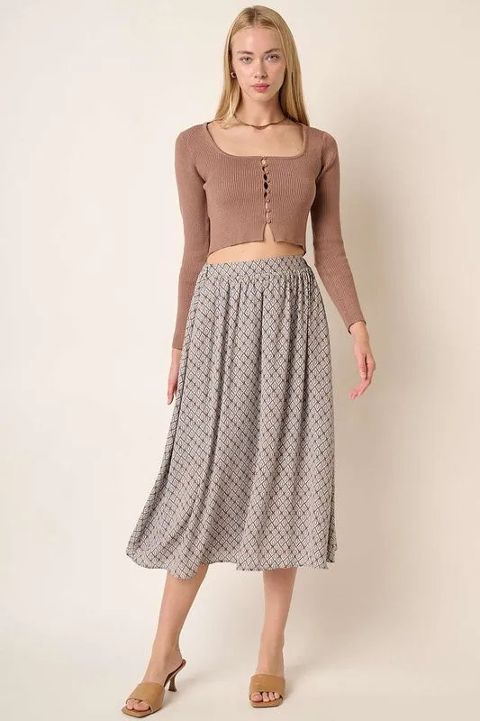 Geometric print A-line midi skirt with pockets