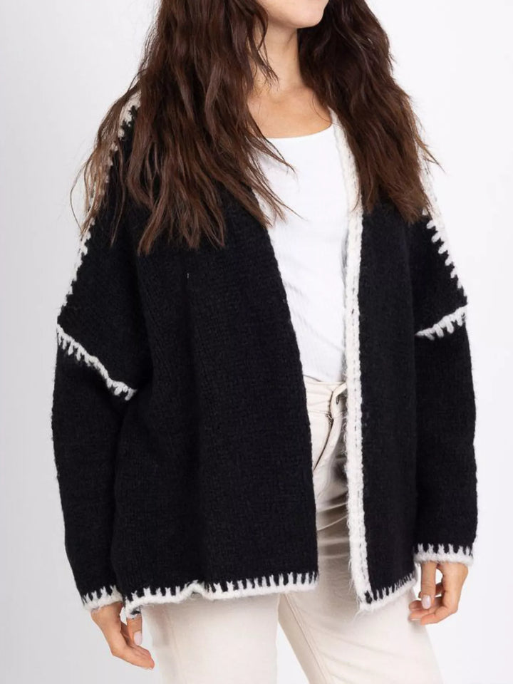 Contrast whipstitch trim open front knit cardigan