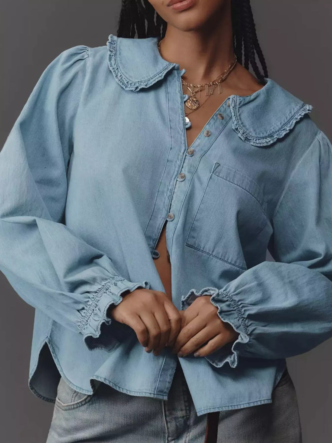 Peter Pan collar ruffled denim shirt with puff sleeves