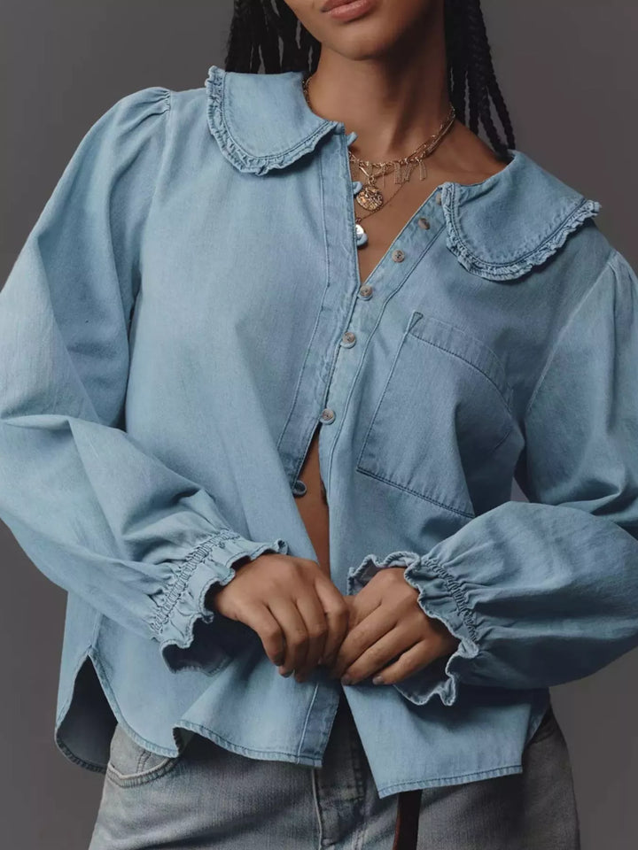 Peter Pan collar ruffled denim shirt with puff sleeves