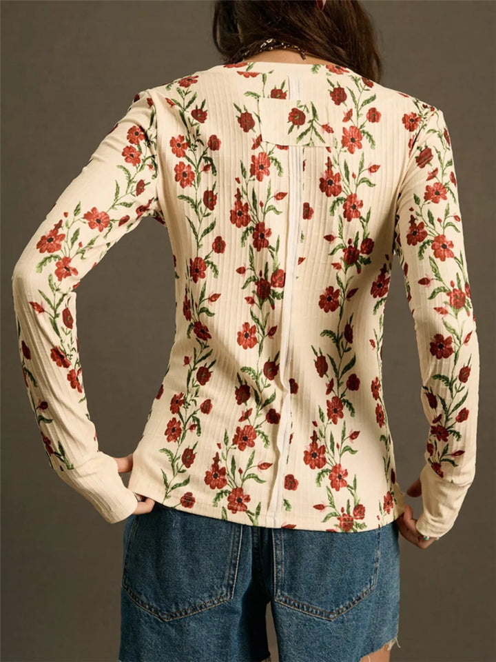 Ribbed floral long sleeve crew neck top with thumbhole cuffs