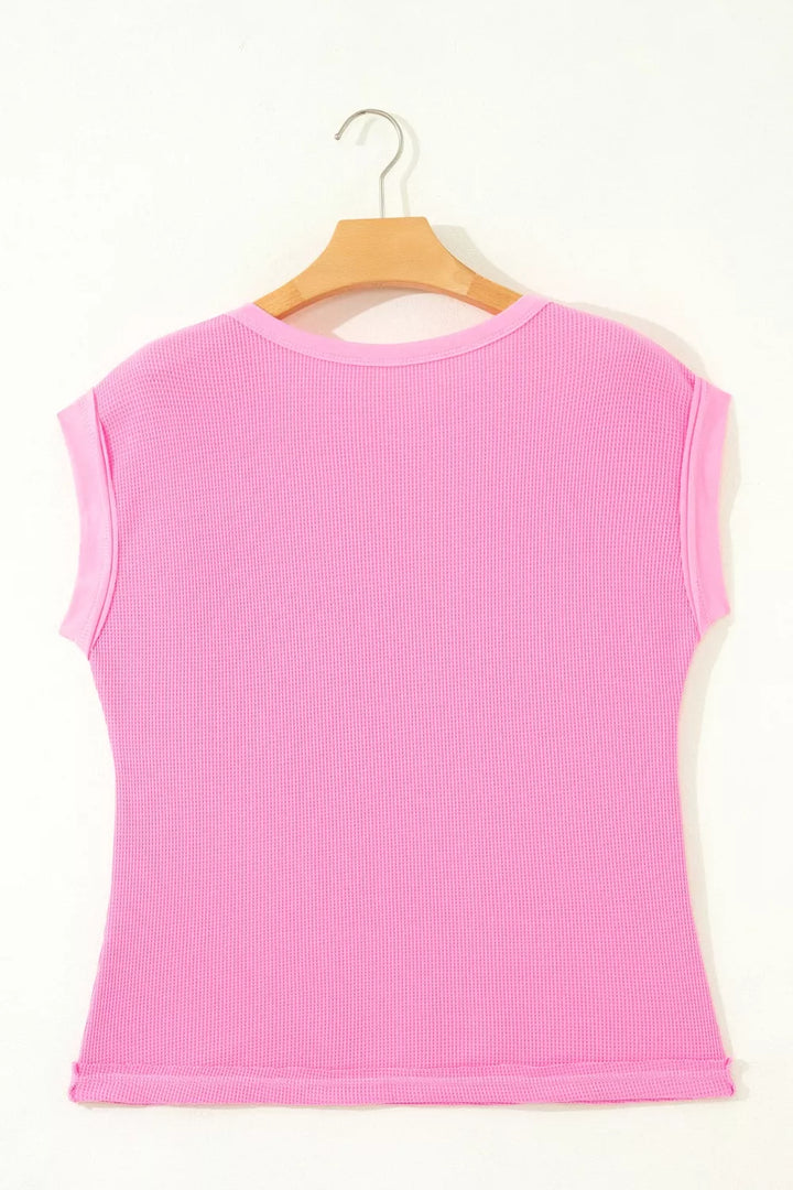 Waffle knit patchwork raw seam pocket tee