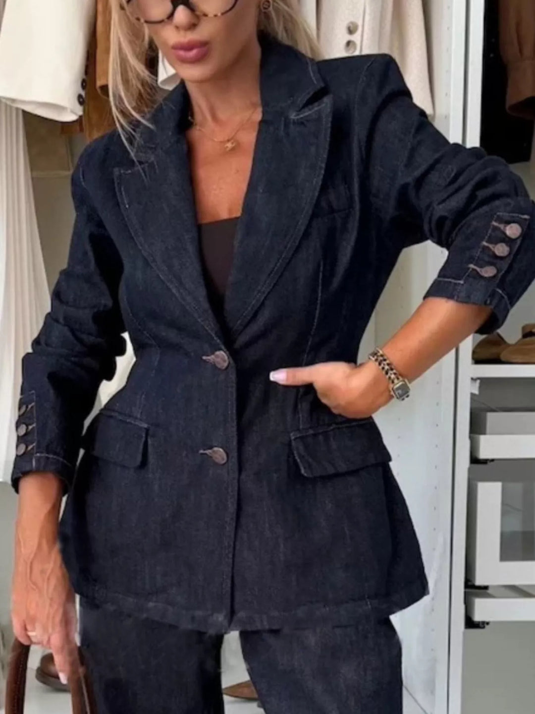 Single-breasted washed denim blazer with flap pockets