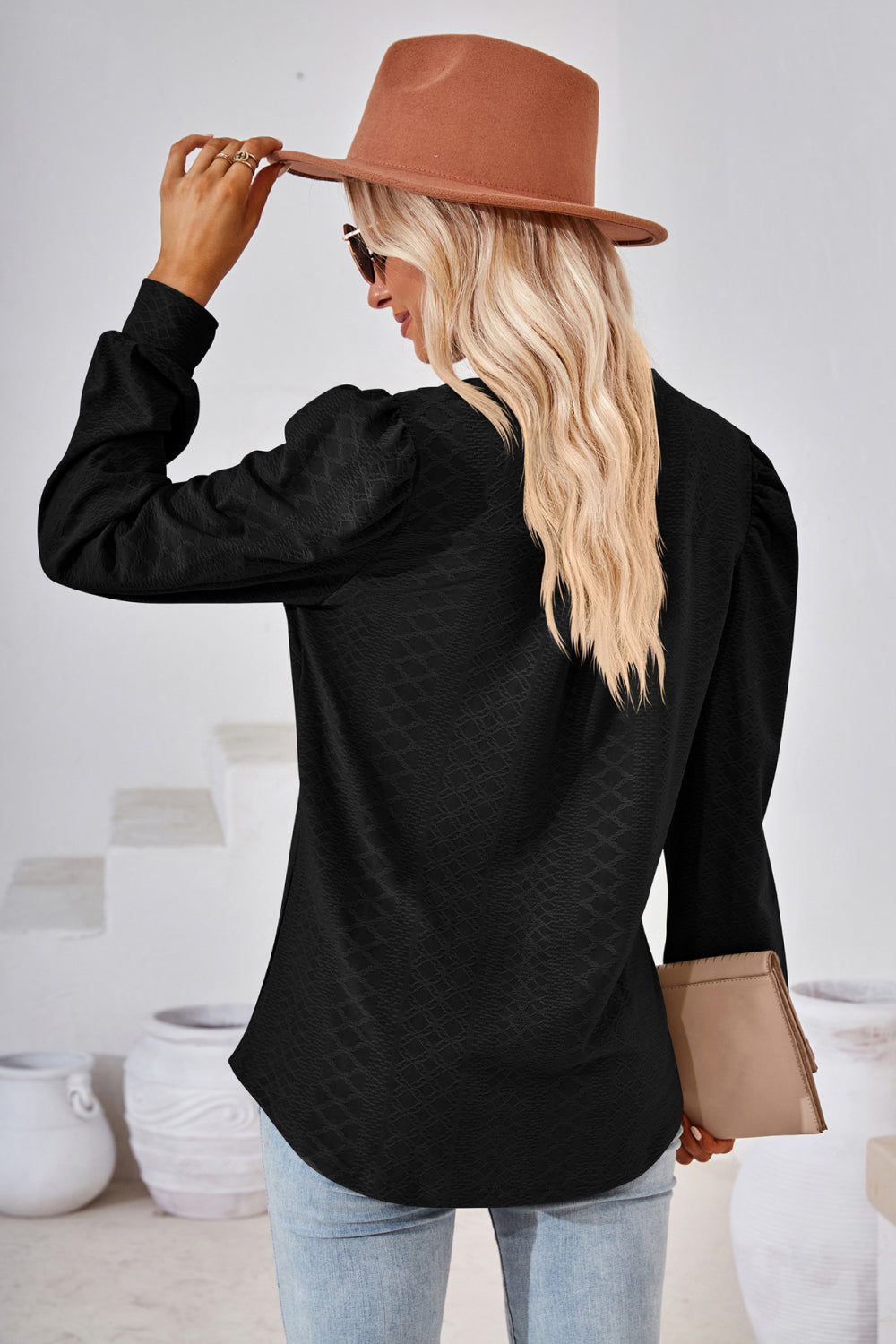 Textured knit split-neck puff sleeve blouse