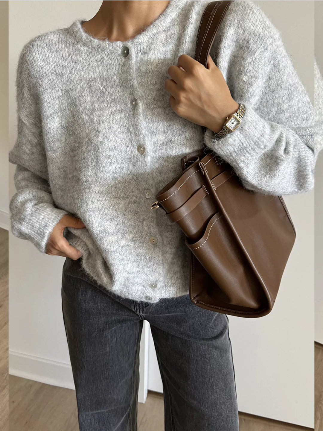 Gray Brushed knit button-up cardigan with ribbed crew neck