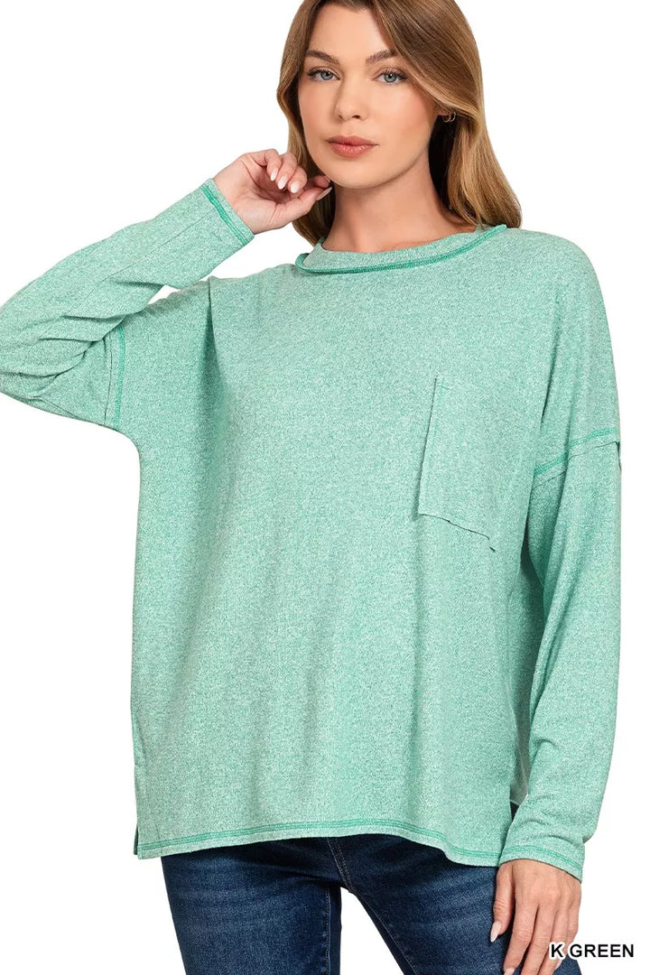 K GREEN Oversized melange Hacci knit long sleeve top with chest pocket
