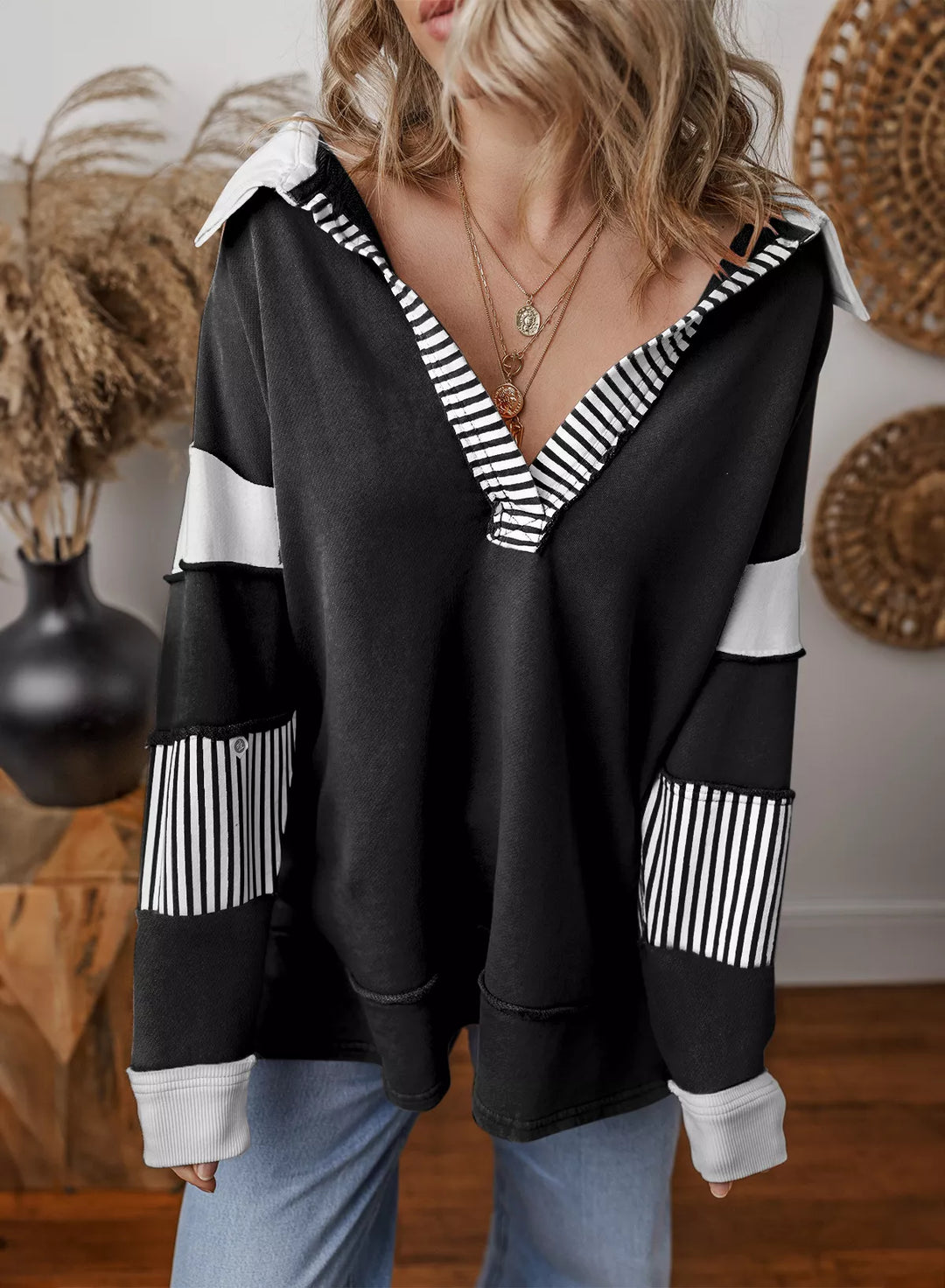 Color block striped Johnny collar sweatshirt with exposed seams