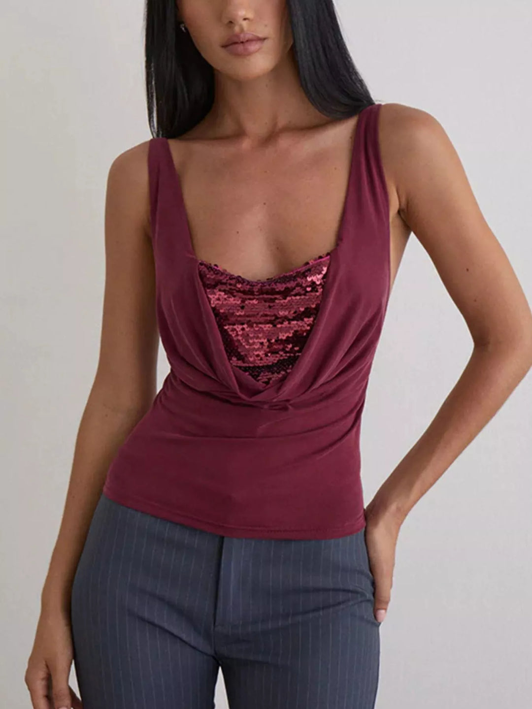 Burgundy Cowl neck ruched tank top with sequin bust panel