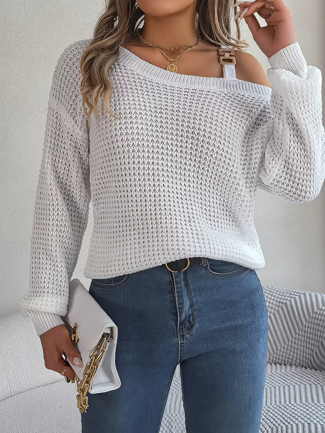 Asymmetrical cold-shoulder openwork knit sweater with chain strap