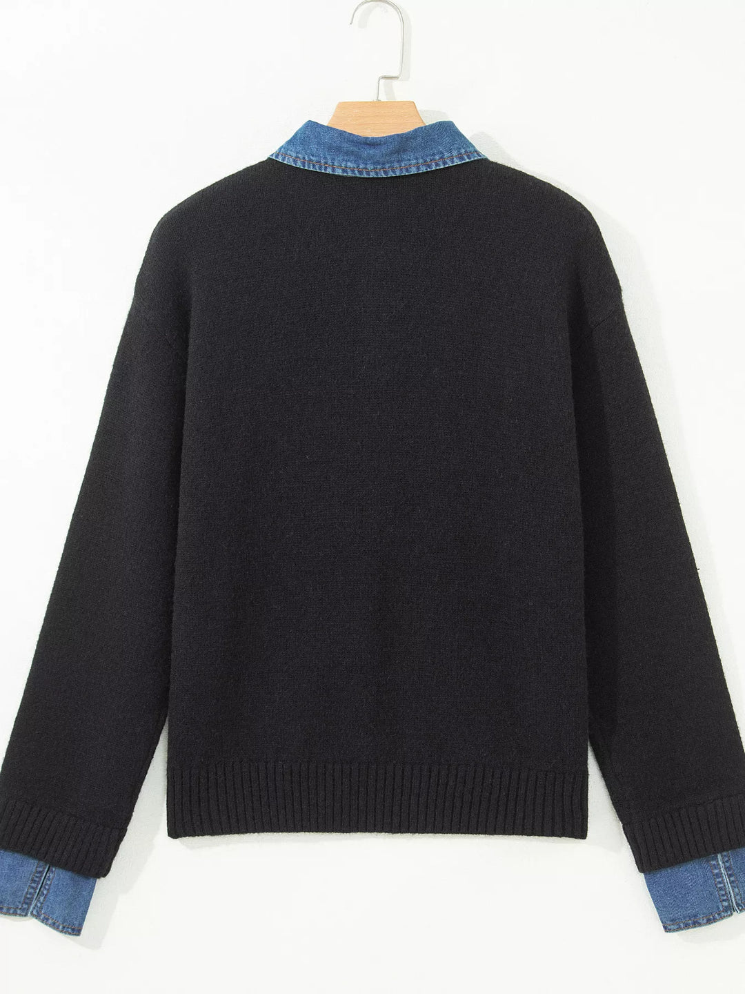 Denim collar knit sweater with button placket and cuffs