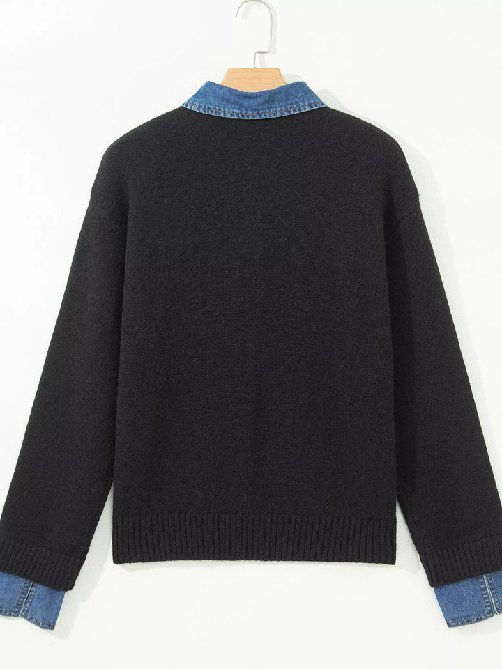 Denim collar knit sweater with button placket and cuffs