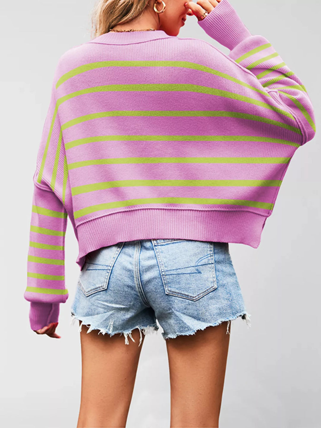 Dropped shoulder crew neck sweater with ribbed raw hem