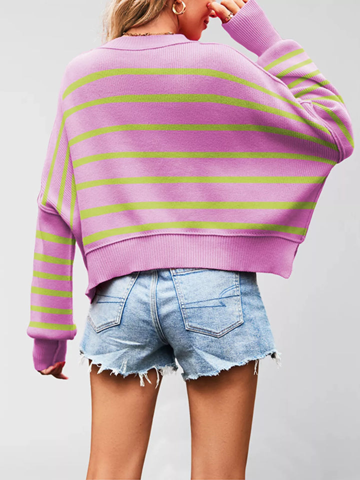 Dropped shoulder crew neck sweater with ribbed raw hem