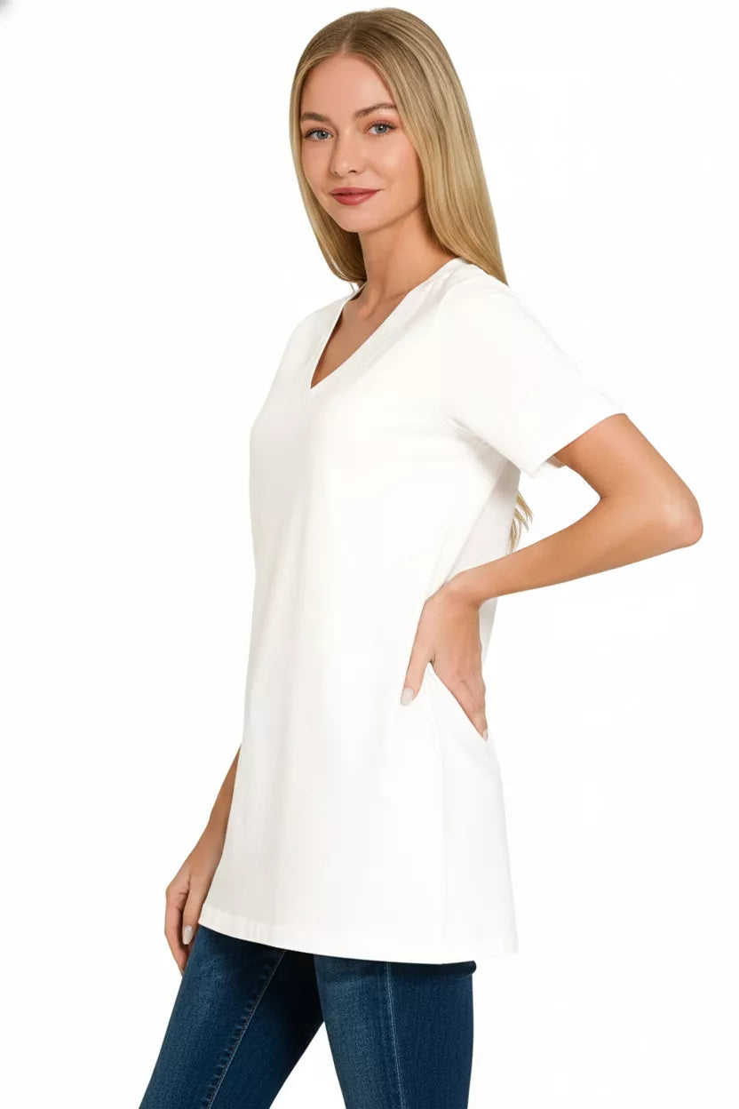 Relaxed V-neck short sleeve cotton T-shirt