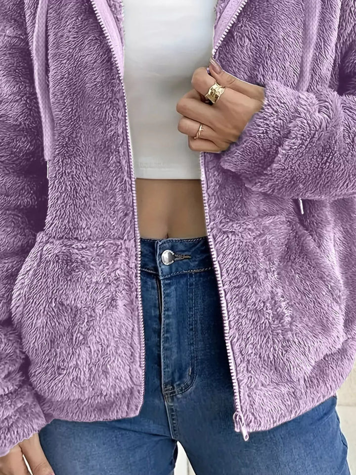 Fuzzy fleece hooded zip-up jacket with front pockets