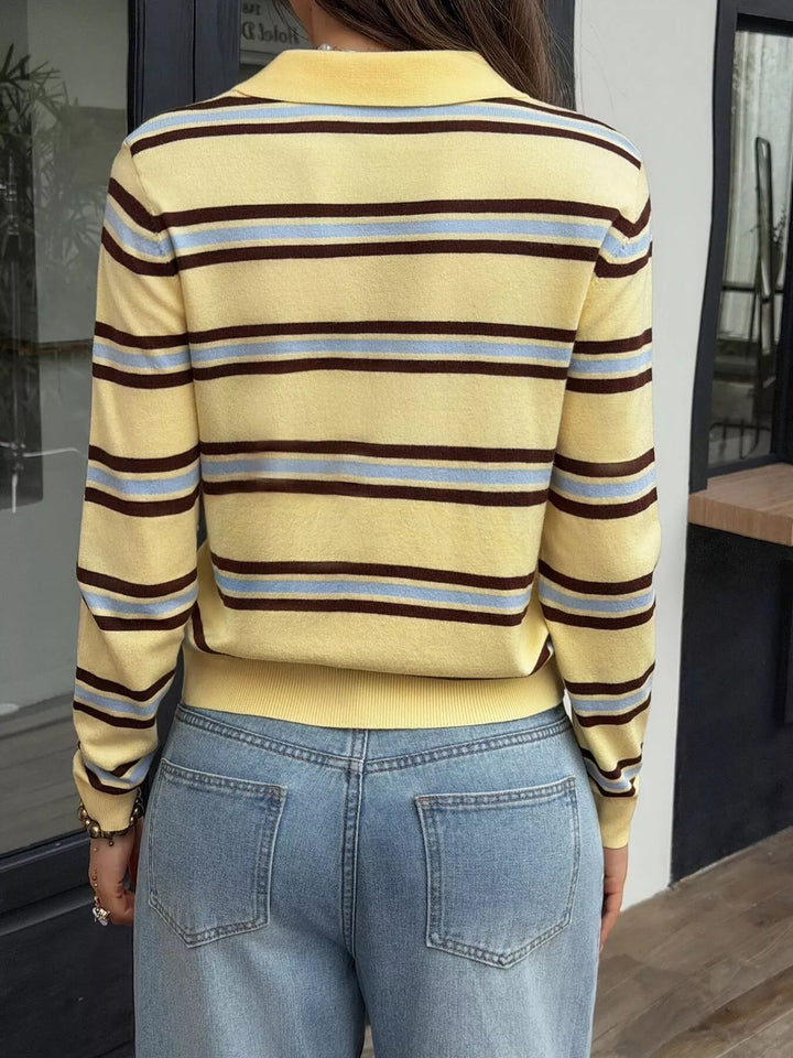 Striped polo collar knit top with button placket