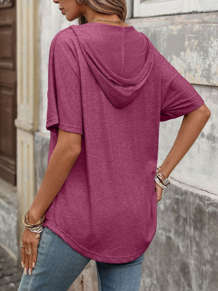 Hooded short sleeve tee with drawstring V-neck